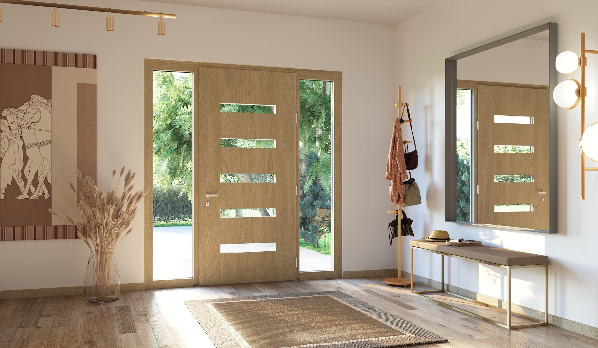 Portoncino d'ingresso effetto legno con laterali vetrati